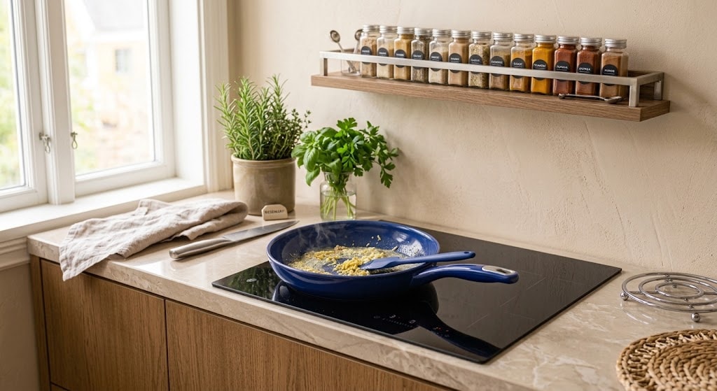 Blue frying pan on a cooktop beneath a kitchen spice rack