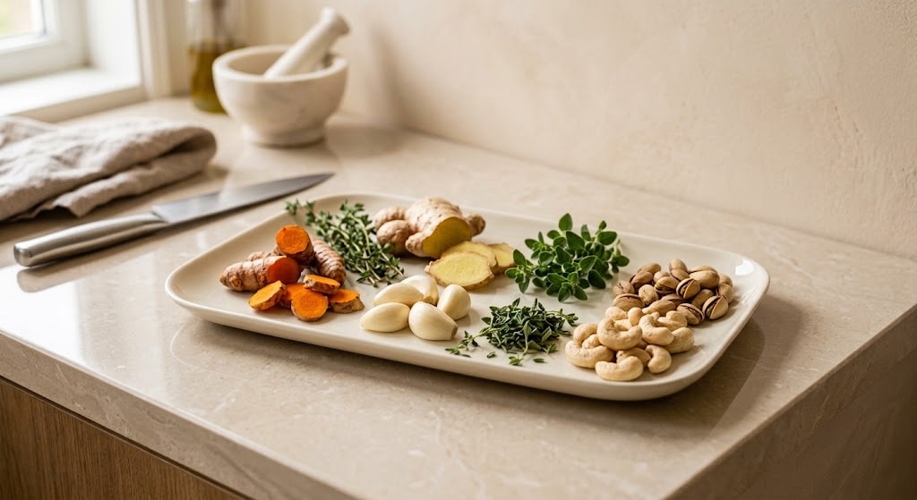 Fresh herbs, turmeric, ginger, garlic, and nuts arranged on a kitchen counter