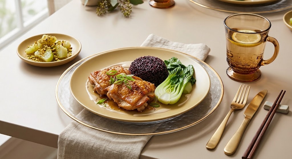 Ginger-Garlic-Honey Chicken Thighs over Purple Rice